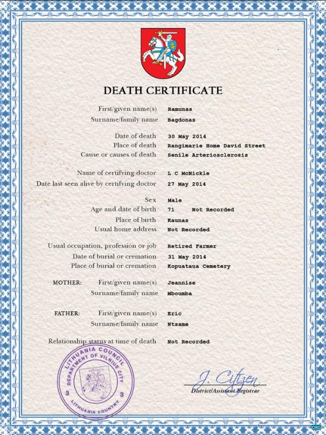 Download Lithuania death certificate PSD template Photoshop template